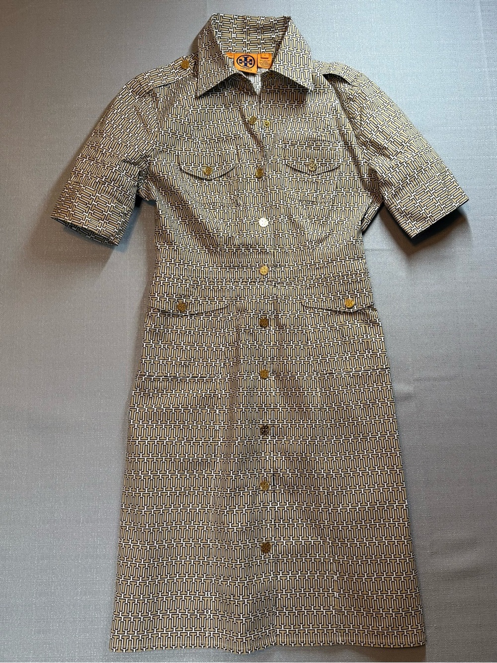 Tory Burch Beige & Brown Geometric Midi Shirt Dress